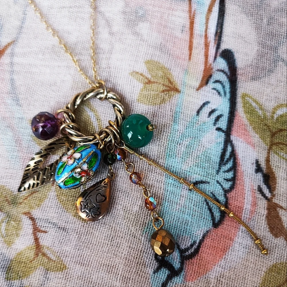 Enameled Cloisonné Egg Tarnished Locket Gold Tone Necklace Cluster NY Company